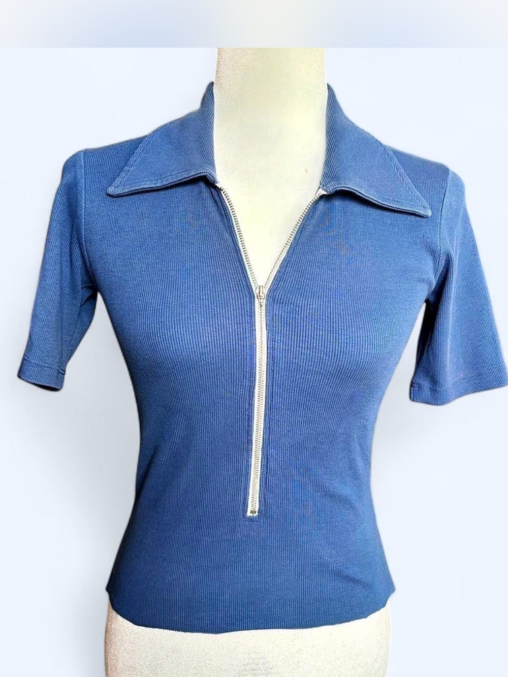 Stoned Immaculate Blue Zip-Front Ribbed Polo Tee
